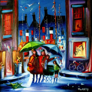 A vibrant painting depicting three people under an umbrella in a colorful, nautical-themed street scene. By Raymond Murray